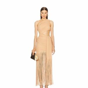 One-Shoulder Fringe Maxi Dress in Nude